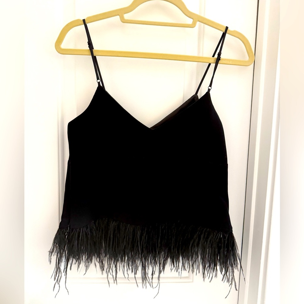 Cinq a Sept Black Feather Trim Spaghetti Strap